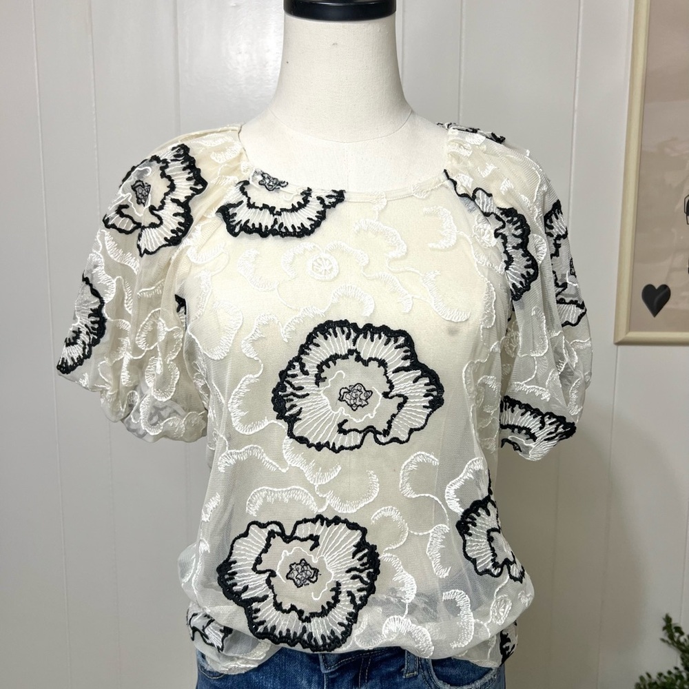 Laundry By Shelli Segal Sheer Cream and Black Floral Blouse